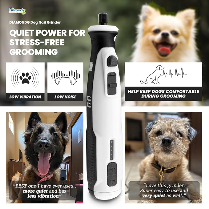 Diamondg Cordless Dog Nail Grinder - Quiet Sound with LED Light, White | 5-Speed Rechargeable Pet Nail Trimmer for Small & Large Dogs, USB-C Charging, 4hrs. Runtime, Painless Dog Nail Grinding Kit