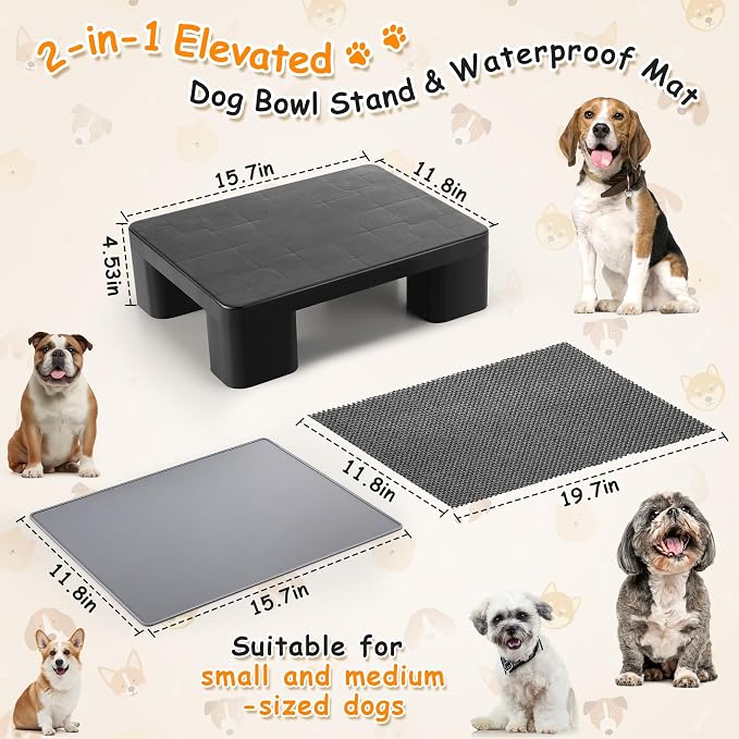 2 Pcs Elevated Dog Bowl Stand with Waterproof Dog Food Mat, Non-Slip, Black | Reduce Neck & Joint Strain, Easy to Clean Silicone Pet Feeding Mat, Sturdy Legs, Ideal for Small & Medium Dogs and Cats