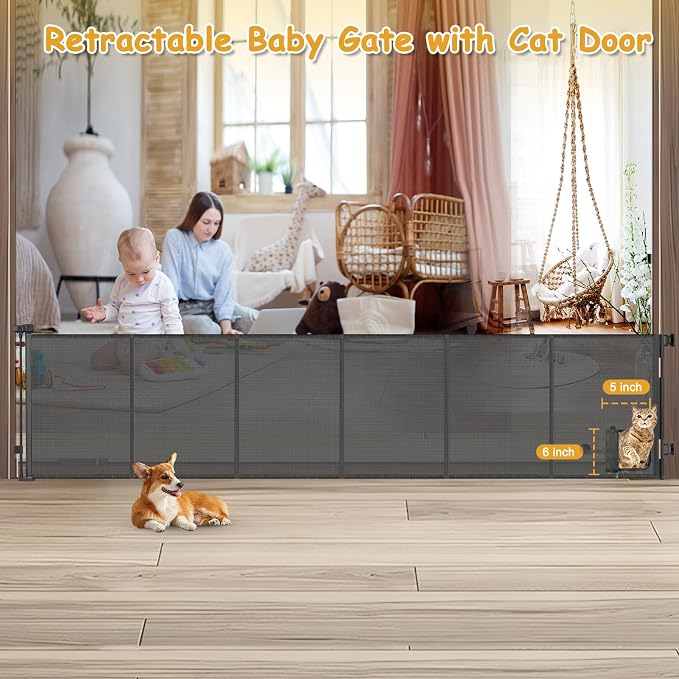 Reinforced 150” Extra Wide Retractable Baby Gate with Cat Door 12.5ft Outdoor Pet Gates for Wide Openings 37 Inch Tall Retractable Dog Gates for Doorways Long Pet Gate Indoor with Cat Door, Black