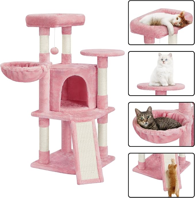 Topeakmart 42in Cat Tree Tower for Indoor Cats, Cat Condo with Perch & Hammock, Activity Center, Multi-Level Cat Furniture with Scratching Posts, Cat House, Pink