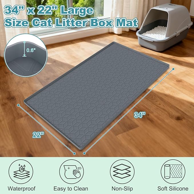Cat Litter Mat Litter Trapping Mat, Silicone Cat Litter Box Mats for Floor, Non-Slip Litterbox Mat with Raised Edge, Easy Clean Pet Feeding Mat for Indoor Cats 34" X 22" Gray