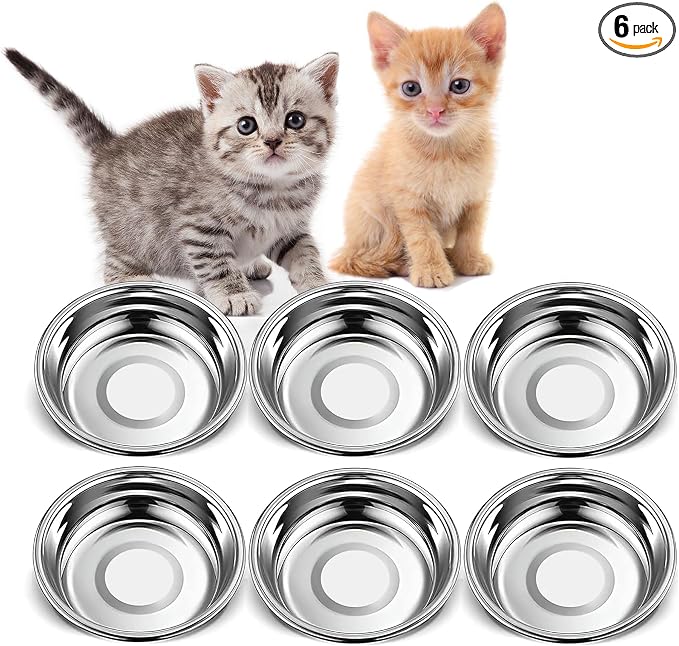 6 PCS Thickened Stainless Steel Cat Bowls, 5.5 Inch Shallow Wide Flat Metal Kitten Food Bowls, Whisker Friendly Fatigue Relief Replacement Basic Pet Dishes for Indoor Cats