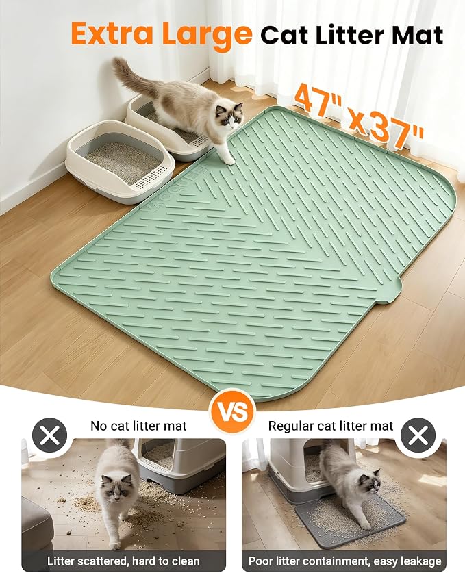 Cat Litter Mat, 47" x 37" Extra Large Cat Litter Box Mat, Silicone Waterproof Litter Trapping Mat for Scatter Control Soft on Kitty Paws Non-Slip Easy to Clean (Green) | Waterproof Litter Trapping Mat for Scatter Control, Soft on Cat Paws Non-Slip Easy...