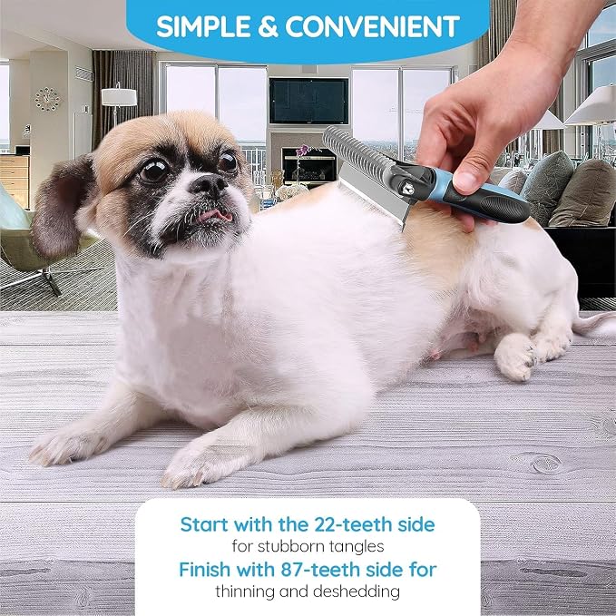 Pet Grooming Tool, 2 Sided Cat and Dog Brush for Shedding, Dual Head Comb | Deshedding Brush and Dematting Rake, Gentle Long Short Hair Detangler for Undercoat, Loose Fur Coat Remover, Ergonomic Grip