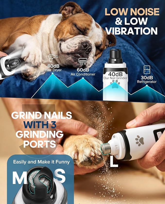 Dog Nail Grinder with 2 LED Lights | Type C 2 Speed Rechargeable Pet Nail Trimmer, Quiet for Paw Grooming, Powerful Painless Claw Clipper Kit