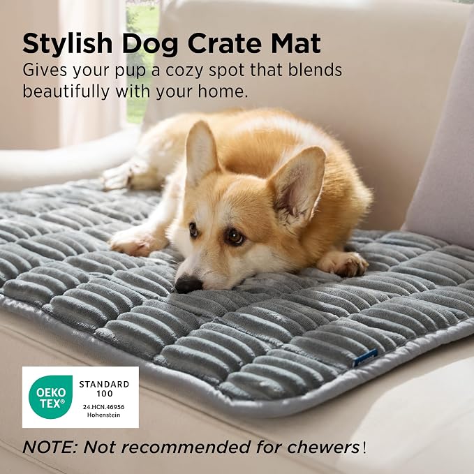 Bedsure ComfyFleece™ Washable Dog Crate Pad,Soft Fluffy Medium Pet Mat,30" | Thin Kennel Pad for Crates Topper,Flat Corduroy Fleece Pads for Dog Cages,Nonslip Bottom,Not Chewproof,Grey