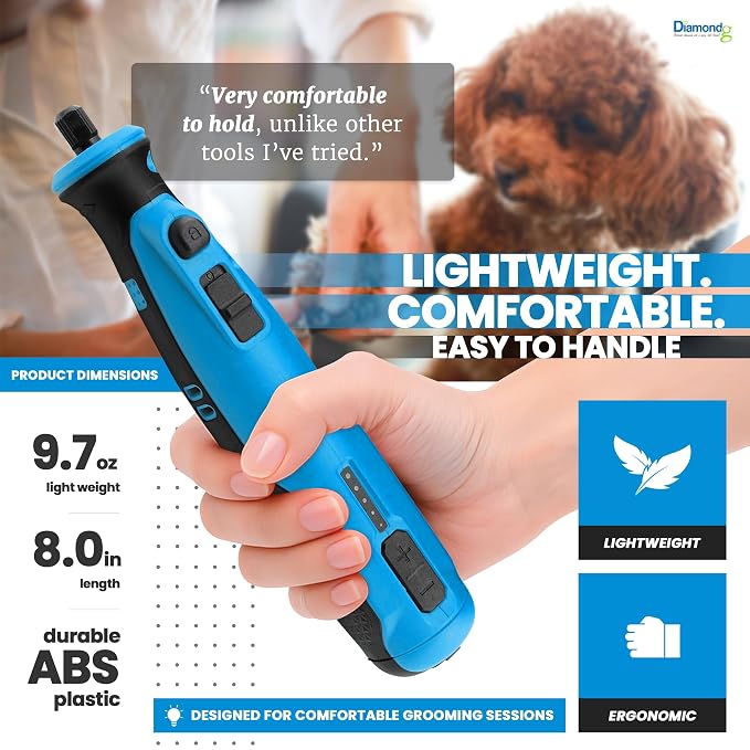 Diamondg Cordless Dog Nail Grinder - Quiet Sound with LED Light, Blue | 5-Speed Rechargeable Pet Nail Trimmer for Small & Large Dogs, USB-C Charging, 4hrs. Runtime, Painless Dog Nail Grinding Kit