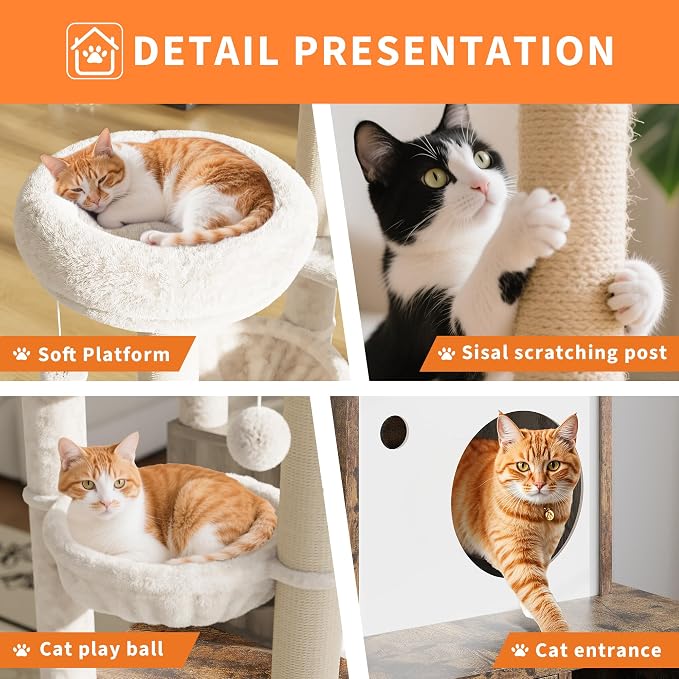 Modern Cat Tree with Hidden Litter Box Cabinet, Multi-Level Cat Condo with Scratching Posts, Perches, Hammock & Basket for Indoor Cats, Brown Wood Finish