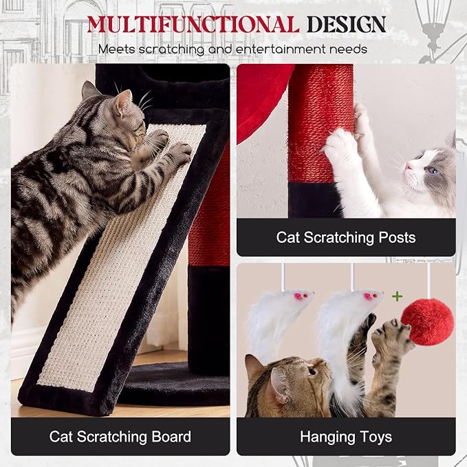 Globlazer 83inch Sturdy Gothic Multi-Level Tall Cat Tower, S83G, Blood-Goth | Extra Large Heavy Duty Cat Tree for Indoor Large Adult Cats Kittens with 2 Cat Condo, 8 Scratching Post, 2 Hammock