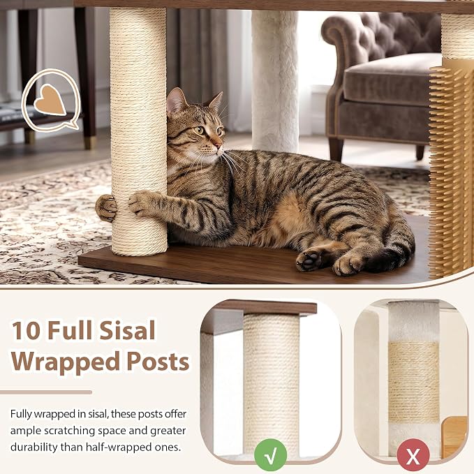 Cat Tree, Wooden Multi-Level Tower for Large Audlt Cats GCT104EB | 76" Cat House Furniture with Big Hammock, 2 Condos，Wood Platforms with Safety Railing, Sisal Scratching Posts, Earth brown