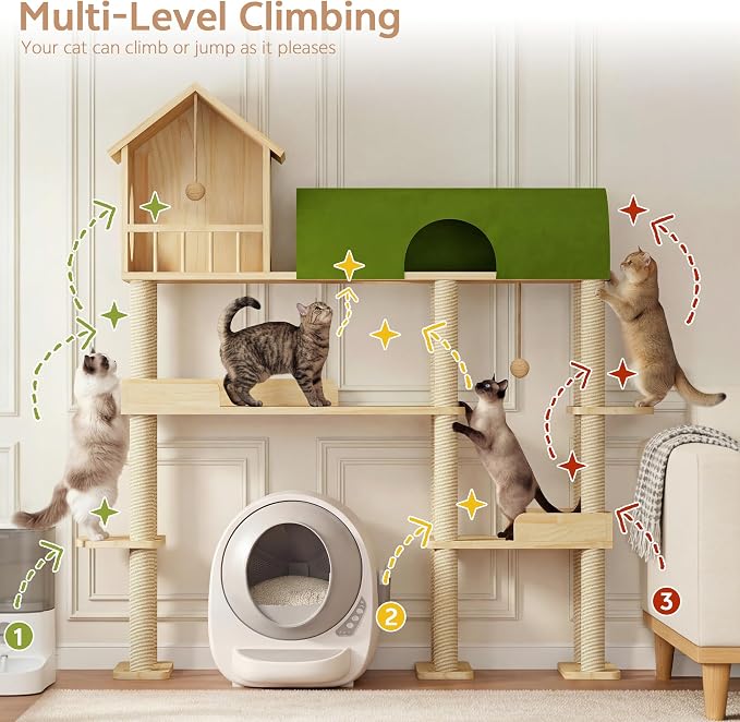 60'' Cat Tree for Automatic Litter Box, for Heavy Cats up to 22lbs | Solid Wood Large Cat Tower with Tunnel & House, Space-Saving for Indoor Multi-Pet Households, Stops Furniture Scratching