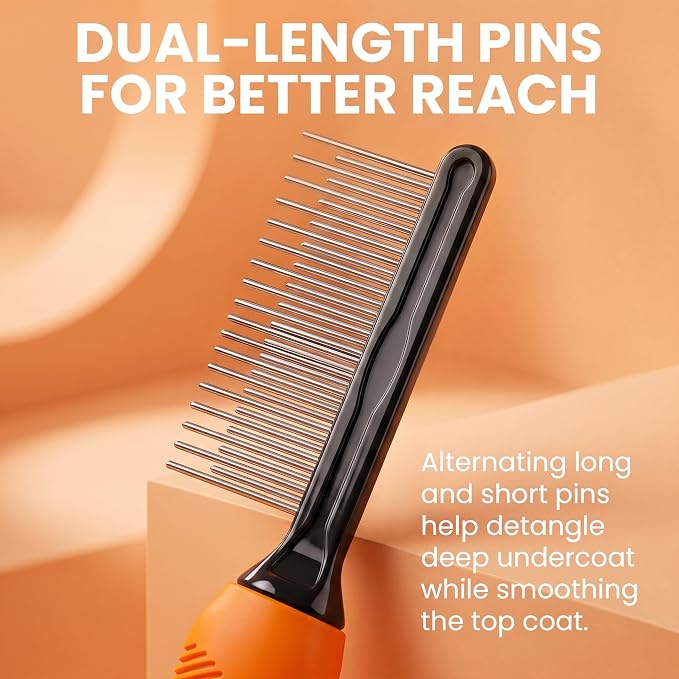 Poodle Grooming Comb - Metal Dematting Comb with Long & Short Stainless Steel Teeth for Removing Matted Hair & Knots, Safe and Gentle for Dogs & Cats (Orange)