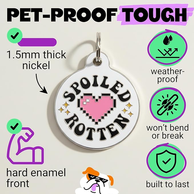 Bad Tags Personalized Dog and Cat ID Tags in 25+ Designs and 2 Sizes - 5 Lines of Custom Engraved Text - Funny Cute Personalized Pet Tags (Spoiled Rotten, Small (1 inch))