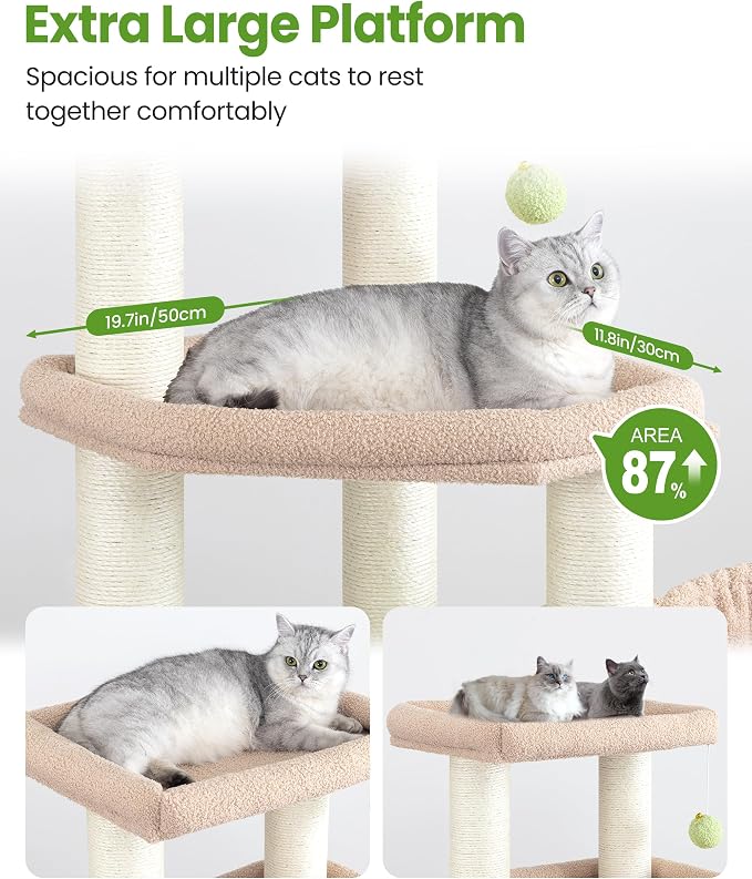 Cat Tree Tower for Large Cats Adult - 60 Inch XXL Sturdy Heavy Duty Extra Wide Scratching Posts (φ4.4in) Condo - Indoor Big Cat House Hammock Perch - XL Wood Multi Level Feline Pet Bed Trees Houses