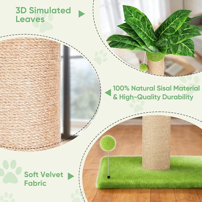 XiaZ Cat Scratching Post 34'' Tall, Durable Cat Scratch Tree Tower for Indoor Kitty with Extra Wide 15.8" Stable Base & 2 Toy Balls, Natural Sisal & Plush Fabric for Small, Medium Cats (Green, 2.8in)