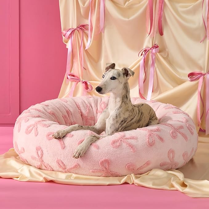 LE SURE Shown on TV Donut Dog Bed Extra Large Size Dog - Round Pet Beds for Calming Puppy with Washable Cover, Orthopedic Modern Beds with Jacquard Shaggy Plush & Anti Slip Bottom, 42 Inch，Pink Taffy