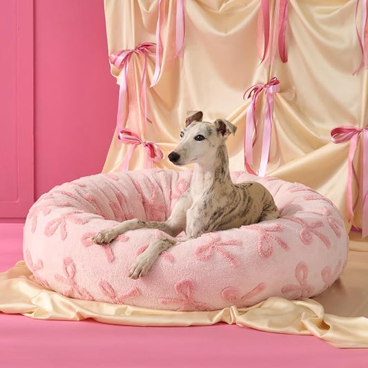 LE SURE Shown on TV Donut Large Dog Beds - Round Cat Beds Indoor Anti-Anxiety Calming Gift for Pets, Washable Home Decor Cute Beds with Jacquard Shaggy Plush & Anti Slip Bottom, 36 Inch, Pink Taffy
