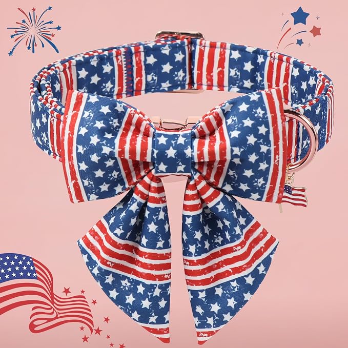DOGWONG 4th of July American Flag Dog Collar, Red Blue Sailor Bow Tie Dog Collars with Metal Adjustable Buckle, Comfortable Independence Day Dogs Collars for Small Puppy Dogs