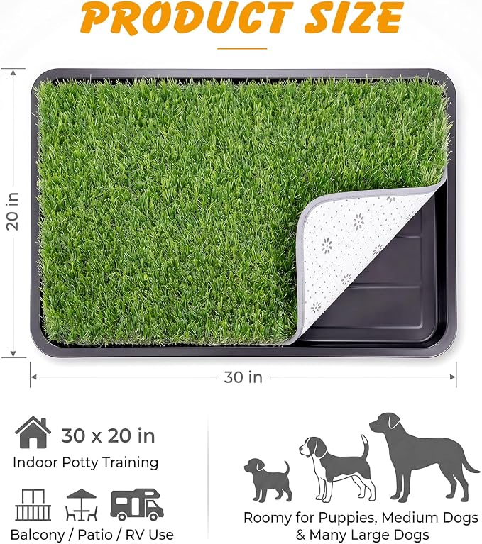 ondware Dog Grass Pad with Tray Dogs Potty Tray - 3-Layer Indoor Potty with 2 Grass Patches and 2 Washable Pee Pads for Puppies Senior Dogs Apartments Balconies RVs Patios Homes(30x20 in)