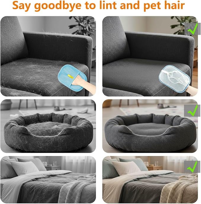 Thickened Pet Hair Removal Glove for Fabric Surfaces, Blue | Easy-On 2-Finger Design; Secure Stay-Put Fit; Easy Hair Pickup; Reusable Design; Sofas, Beds, Carpets, Pet Beds and Car Seats