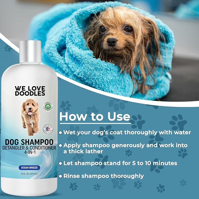 Dog Shampoo, Conditioner & Detangler, Gentle Tearless, Ocean Breeze, 16OZ | For Sensitive Itchy Skin, Hypoallergenic, Tearless, Best Shampoo For Smelly Dogs, Goldendoodle, Poodle & Doodle, Made in USA