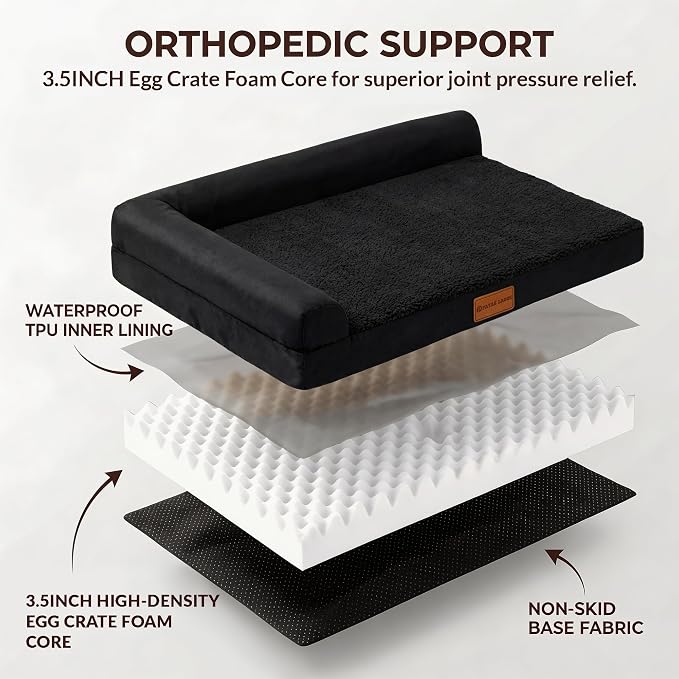 Patas Lague Orthopedic Large Dog Bed Washable Pet Sofa Bed 36''X24'' Black | 2-Sided Bolster Egg-Crate Foam Dog Couch Large Sized Dogs, Waterproof Removable Washable Cover, Nonskid Bottom Pet Crate Mat