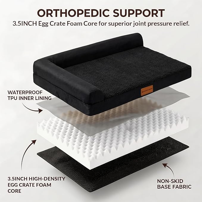 Patas Lague Orthopedic Medium Dog Bed Washable Pet Sofa Bed 30''X20''Black | 2-Sided Bolster Egg-Crate Foam Dog Couch Medium Size Dogs, Waterproof Removable Washable Cover, Nonskid Bottom Pet Crate Mat