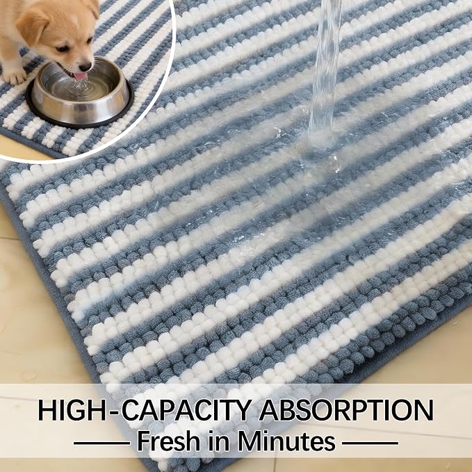 Dog Door Mat for Muddy Paws - Absorbent Quick-Dry Non-Slip Washable Chenille Pet Rug, Indoor Entryway Mat for Front Door & Crate (Blue, 36" L*24" W)
