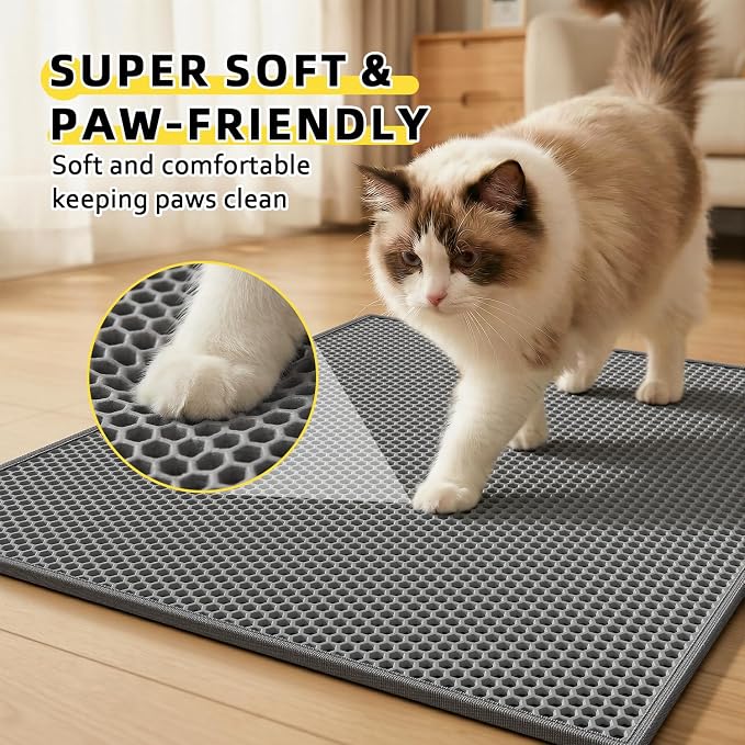 Cat Litter Mat, 30"x24", Waterproof, Easy to Clean (Grey-1Pack) | Double-Layer Honeycomb for Effective Litter Trapping, Premium Durable EVA, Non-Slip, Paw-Friendly Soft Surface