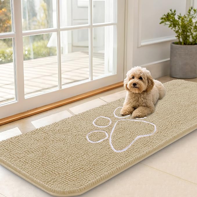 OLANLY Dog Door Mat for Muddy Paws 59x20, Paw Print Design Chenille Mud Mat | Beige, Absorbent, Traps Moisture and Dirt, Non-Slip Washable Doormat, Quick-Drying Indoor Entryway Floor Carpet for Dogs