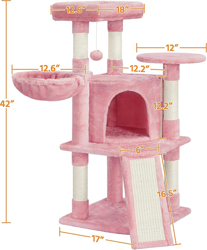 Topeakmart 42in Cat Tree Tower for Indoor Cats, Cat Condo with Perch & Hammock, Activity Center, Multi-Level Cat Furniture with Scratching Posts, Cat House, Pink