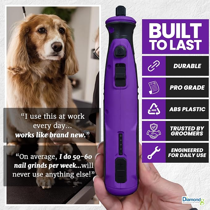 Diamondg Cordless Dog Nail Grinder - Quiet Sound with LED Light, Purple | 5-Speed Rechargeable Pet Nail Trimmer for Small & Large Dogs, USB-C Charging, 4hrs. Runtime, Painless Dog Nail Grinding Kit