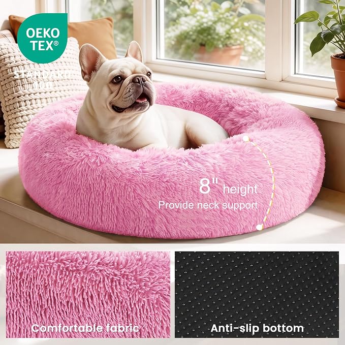 Love's cabin Calming Cat Bed for Indoor Cats, Anti-Anxiety Donut Round Dog Bed, Fluffy Faux Fur Washable Pet Bed for Small Medium Dogs and Cats, Pink, 20in