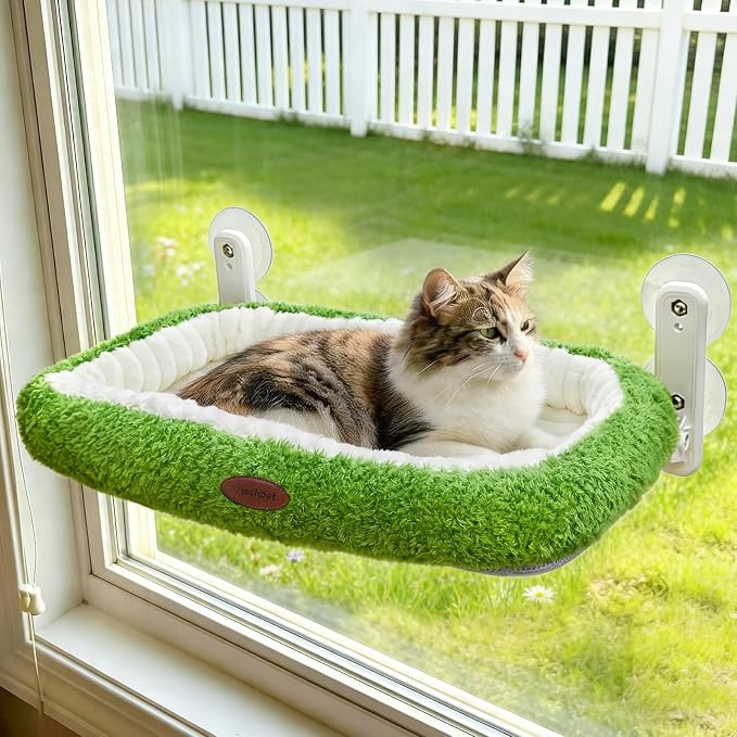 Cat Window Perch，Cordless Foldable Cat Hammock Bed for Window with Solid Metal Frame and Ultra Soft Machine Washable Bed with 4-Sided Bolster, 4 Strong Suction Cups Window Resting Seat