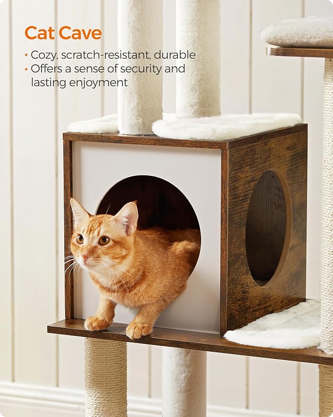 Feandrea Cat Tree, 64.6-Inch Modern Cat Tower, Multi-Level Condo with 5 Scratching Posts, Perch, Washable Removable Cushions, Cave, Rustic Brown UPCT166X01 | Modern Cat Condo for Indoor Cats, Perch, Washable Removable Cushions, Rustic Brown, CAEN Colle...