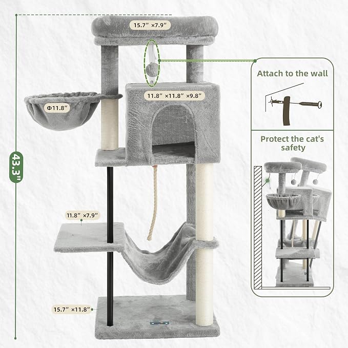 Cat Tree, 43.3'' Cat Tower with Hammock for Kittens GCT004SW | Cat Condo House for Small Indoor Cats, Basket, Scratching Post, Large Platform, Sturdy Steel Tube, Sisal Rope, Light Gray