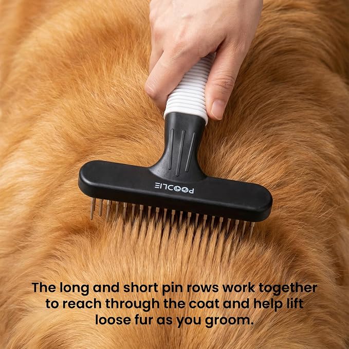 POODLIE Poodle Pet Dog Grooming Rake | Dematting Tool with Stainless Steel Shedding Comb for Pets | 2 Rows of Pins Gently Remove Loose or Tangled Hair from Undercoat (Black)
