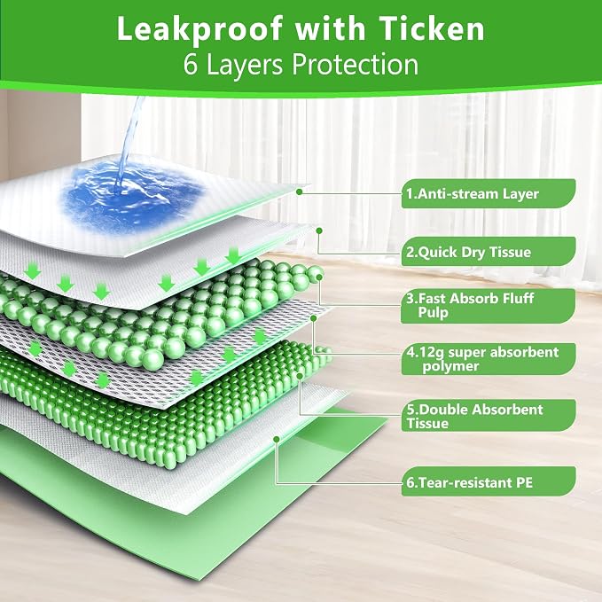 Gimars XL 6-Layer Ultra Absorbent 1200ml 48-Hour Leak-Proof Dog Pee Pads, Quick Dry Extra Large Puppy Pads for Puppy Training, Senior & Incontinent Dogs, Cats, Overnight Use, 30"x36", 50 Count Green