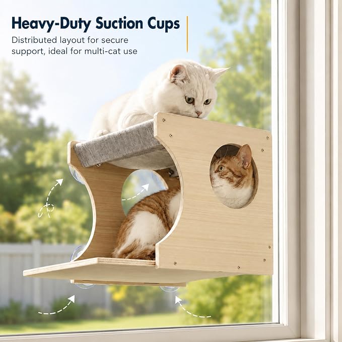 Cat Window Perch，2-Tier Hammock & Hideaway House with Strong Suction Cups | Left-opening, Drill-Free, Hold Up to 45 lb Support, For Small to Medium Cats, Let Cats Lounge, Climb and Watch Outside