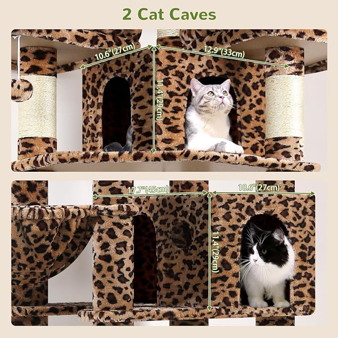 Globlazer Cat Tree Tower for Multiple Adult Cats, 82in, F82, Leopard Print | XXL Tall Cat Tree Tower for Indoor Cats with Scratching Post, 3 Perches, 2 Condos, 2 Hanging Baskets