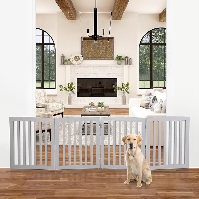 ZENY 24 Inch Pet Dog Gate, Foldable Freestanding Dog Door 4 Panel, White Wooden Z Shape Step Over Pet Fence for Entryway, Stairs, Doorway (Grey)
