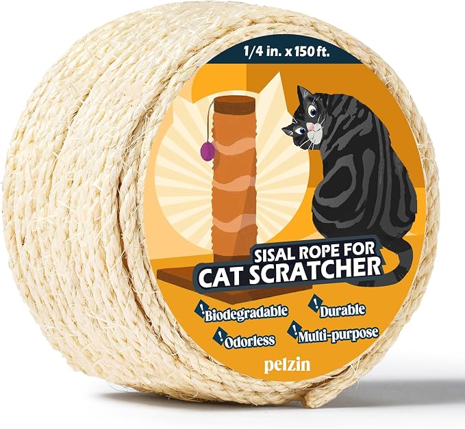 Pelzin Natural Sisal Rope for Cat Scratcher 1/4 Inch by 150 Feet, Cat Tree Rope Twine for Cat Scratching Post Replacement, Cat Tower with Scratch Post Repairing, Replace, Recovering and DIY, White