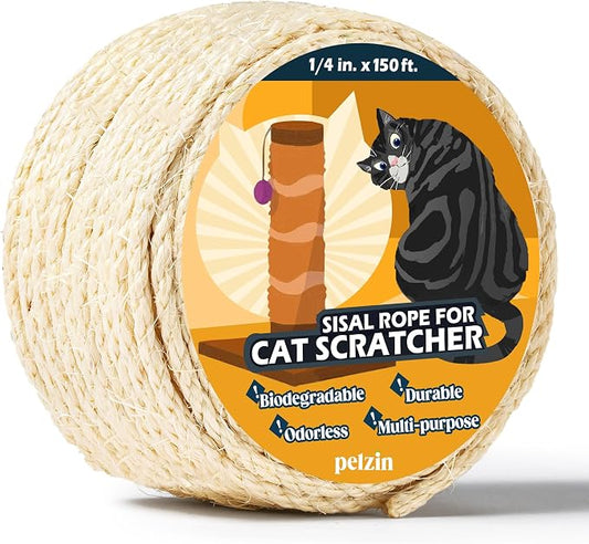 Pelzin Natural Sisal Rope for Cat Scratcher 1/4 Inch by 150 Feet, Cat Tree Rope Twine for Cat Scratching Post Replacement, Cat Tower with Scratch Post Repairing, Replace, Recovering and DIY, White