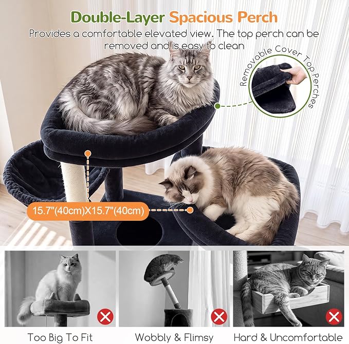 Globlazer Sturdy Cat Tower for Indoor Cats 20lbs, 76in, S76E, Dark Grey | Heavy Duty Cat Tree for Adult Big Cats Maine Coon with Scratching Post, 2 Extra Large Top Perch, 2 Padded Cat Condos