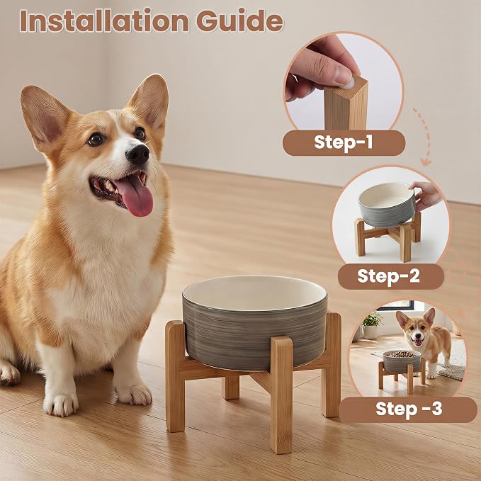 hjn Elevated Ceramic Dog Bowl with Bamboo Stand, Raised Pet Feeding Station for Small Medium Dogs Cats, Modern Design with Anti-Slip Base (White Gray, 3.6Cup)