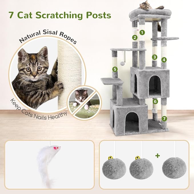 Globlazer Cat Tower for Indoor Cats, Heavy Duty Cat Trees for Large Cats Adult Big Cats Maine Coon Cat Tree Tower with Scratching Post, Extra Large Top Perch, Cat Condos, F61, Light Grey, 61inch | Cat Tower for Indoor Large Adult Cats with Scratching P...
