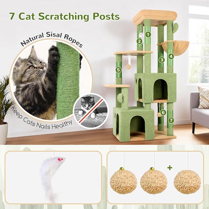 Globlazer Heavy Duty Cactus Cat Trees for Big Cats Maine Coon, F61, Green | Cat Tower for Indoor Large Adult Cats with Scratching Post, Extra Large Top Perch, Cat Condos, 61inch