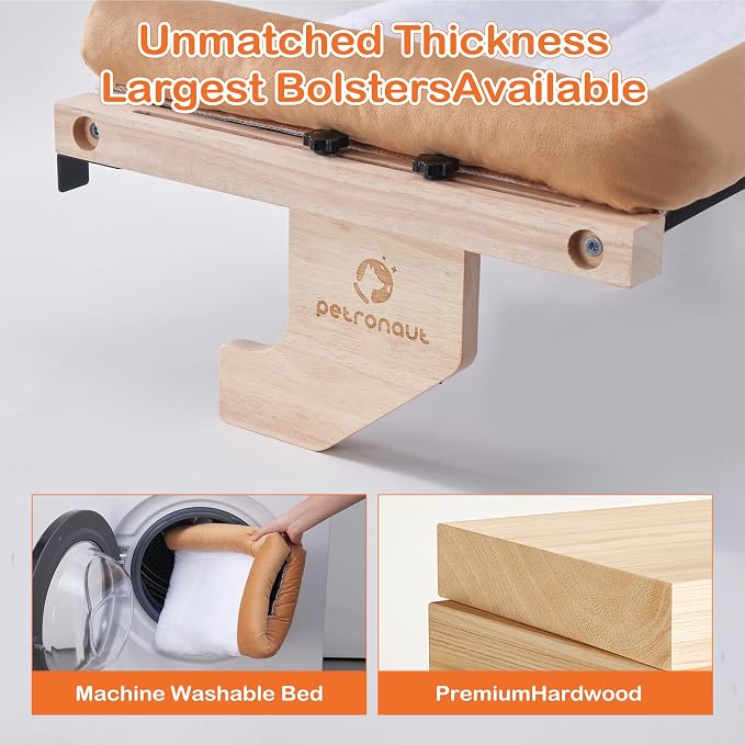 Cat Window Perch + Bonus Toy by Petronaut – Solid Wood, Durable & Easy-Clean, Comfortable Orthopedic Hammock, No Drilling, No Suction Cups, Holds 40 lbs – Window Seat for Large Cats, 21.7"x15"