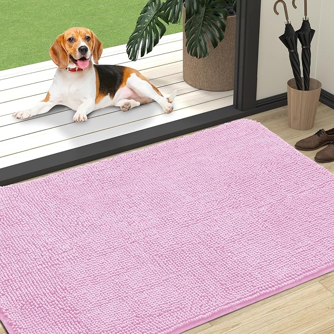 OLANLY Dog Door Mat for Muddy Paws 47x32, Super Absorbent Chenille Mud Mat | Pink, Absorbs Moisture and Dirt, Non-Slip Machine Washable Doormat, Quick-Drying Indoor Entryway Floor Carpet for Dogs