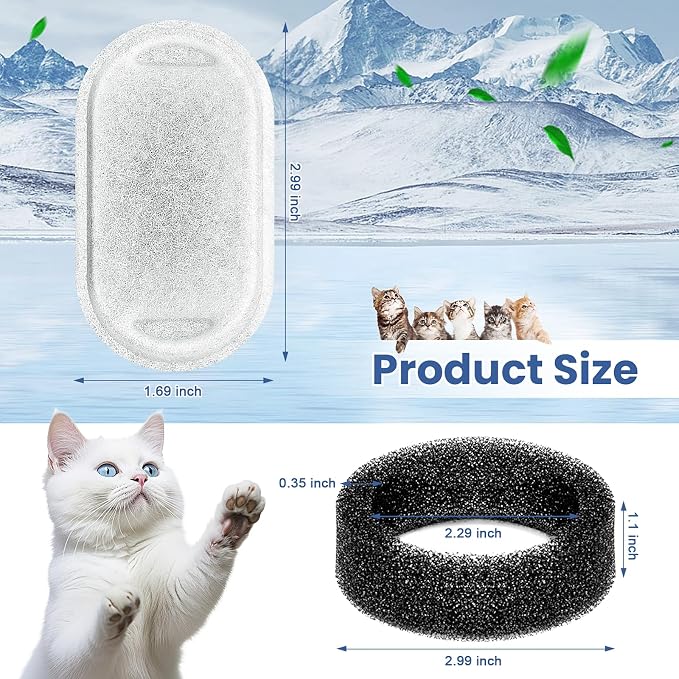 Cat Water Fountain Filters Replacement, 16 Pcs Pet Water Fountain Filter with 16 Pcs Foam Sponges for 67oz/2L & 108oz/3.2L Stainless Steel Pet Cat Water Fountain Dispenser Filters